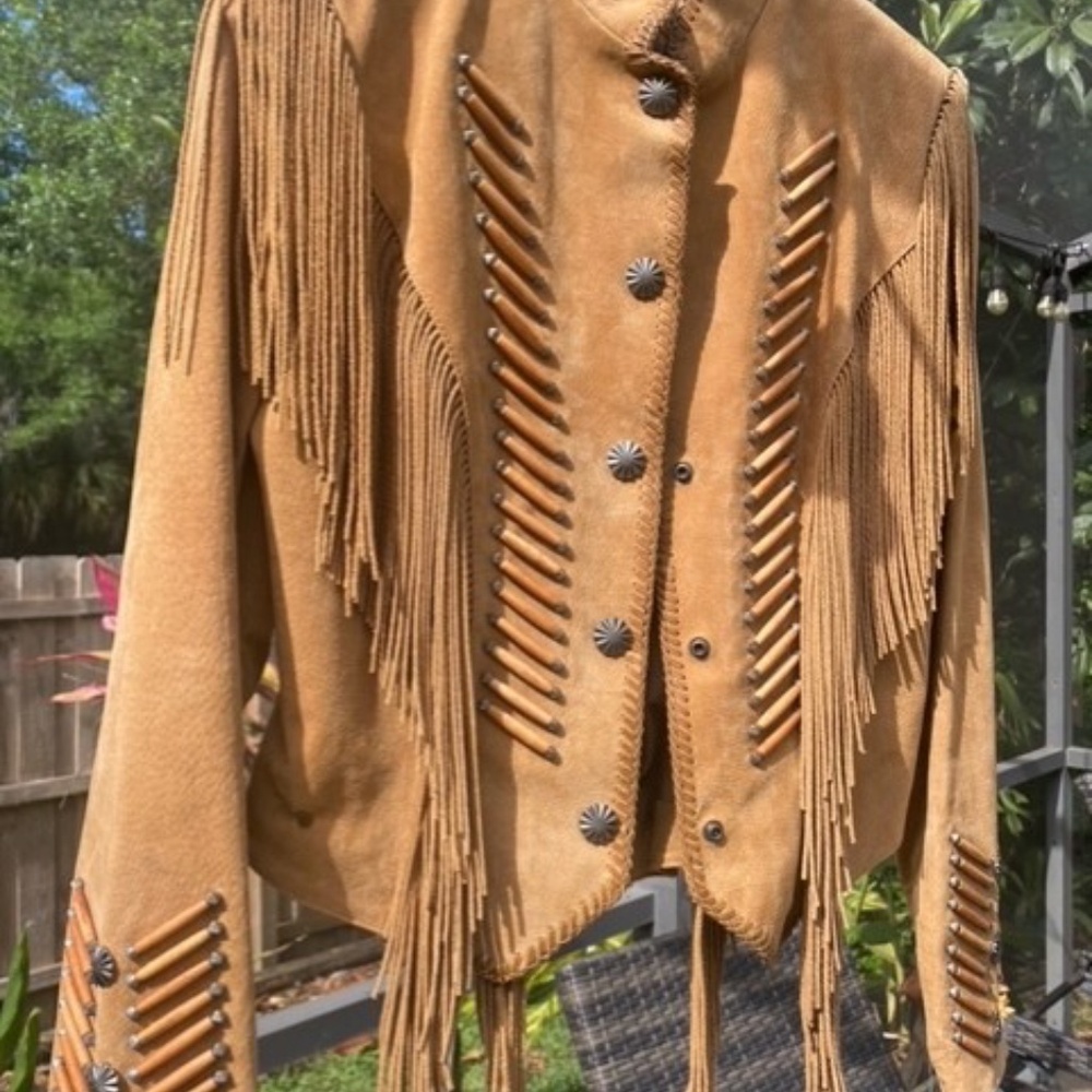 Cripple Creek Women's Leather Beaded Fringe Military Style Jacket